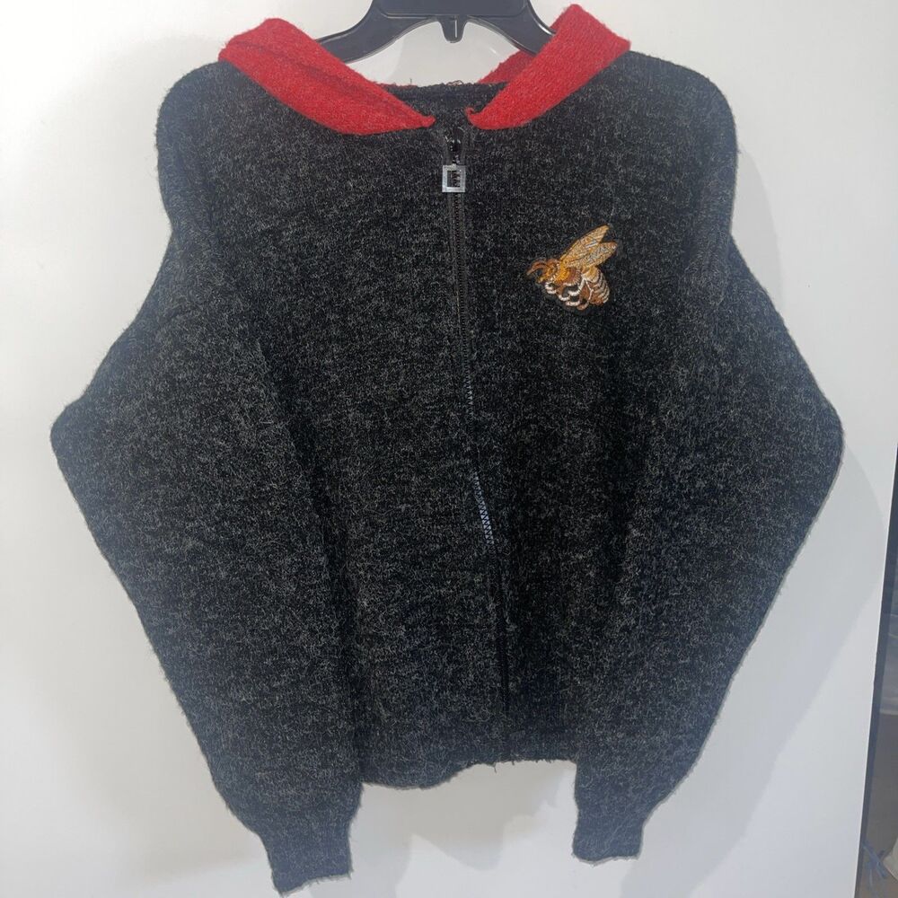 Vtg Black Zip Hoodie with Red Lining & Embroidered Bee Patch Wool Unisex S-M